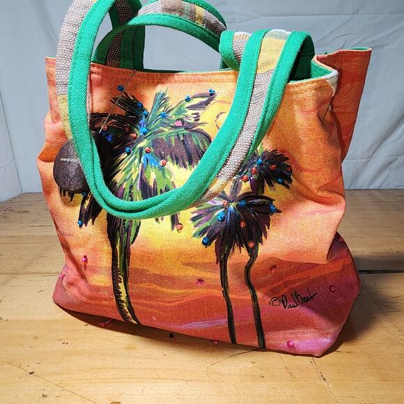 PAUL BRENT Sunset Palm Tree Sun n Sand and Beach Canvas Purse Shoulder Hand Bag - Picture 1 of 7
